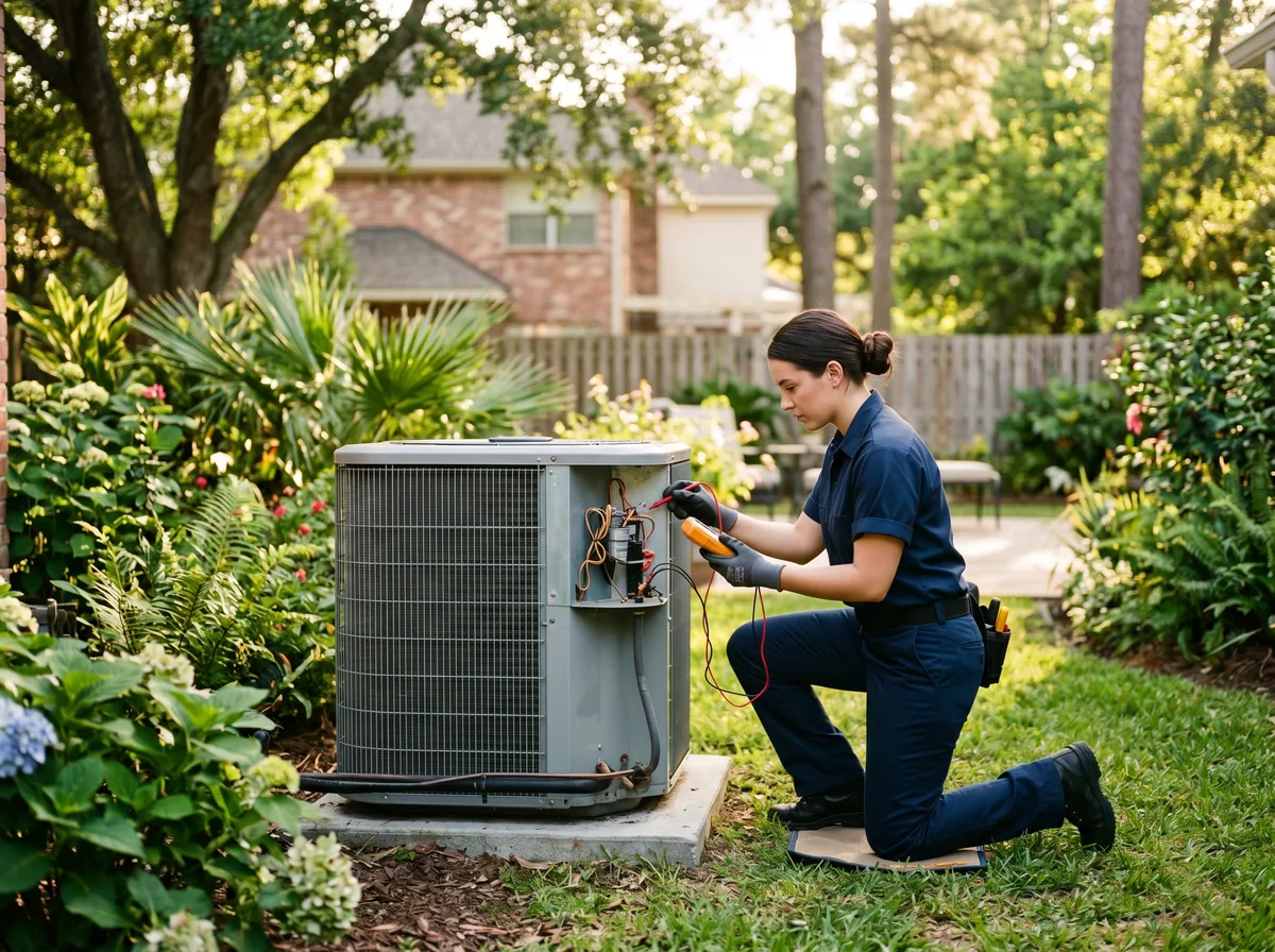 Signature Air HVAC technician in navy uniform servicing an outdoor AC condenser in a Louisiana backyard